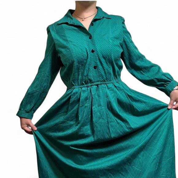 Vintage 80s whimsical teal and black striped long sleeve maxi dress womens large - Picture 1 of 8